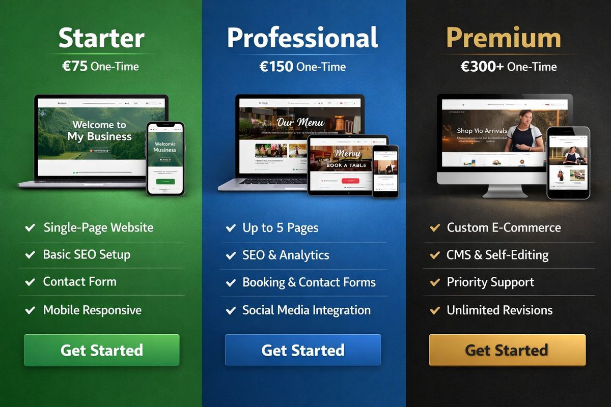 Studio Boceto pricing packages - Starter €75, Professional €150, Premium €300+